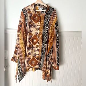 Vintage Diane Gilman Silk Tunic 3X Brown Black Geometric Button Up